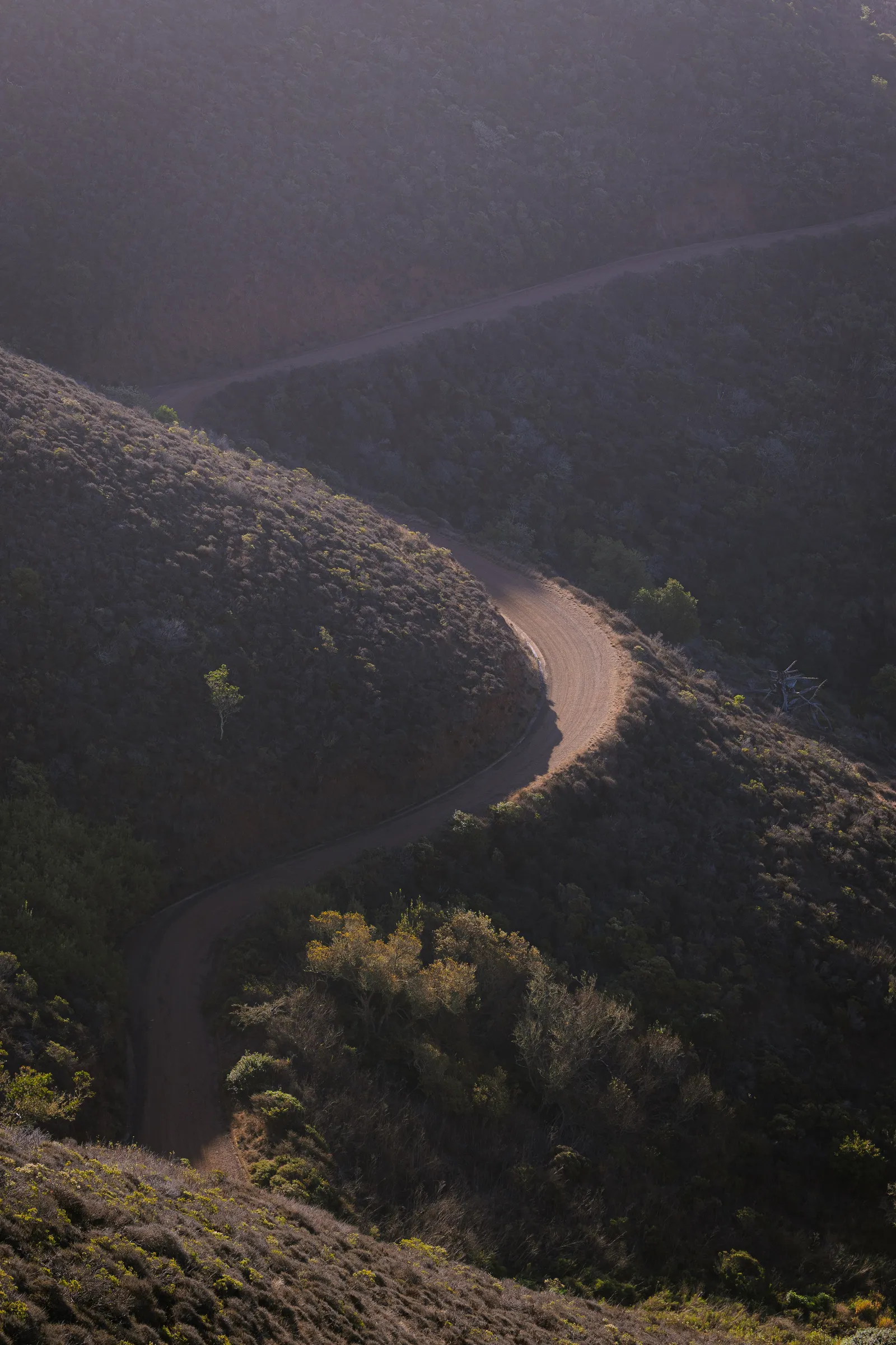 A winding dirt road curving through steep, shadowed hillsides covered in low scrub, seen from above in soft late light.