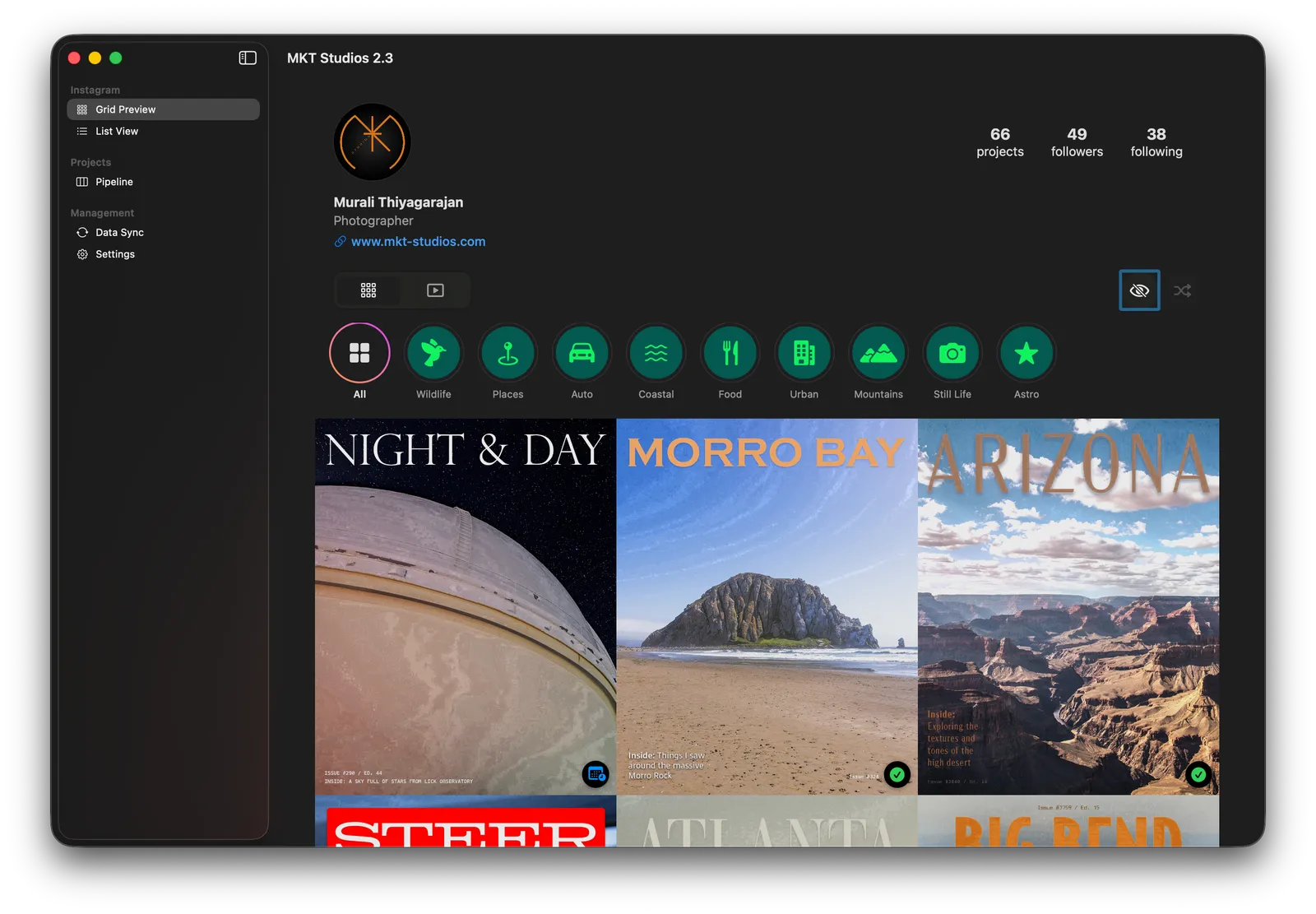 A dark Mac app window called MKT Studios 2.3. It shows a preview of an Instagram profile for a photographer, with counts of projects, followers and following, a row of round category icons (All, Wildlife, Places, Auto, Coastal, Food, Urban, Mountains, Still Life, Astro), and a grid of poster-style photos headed "Night & Day", "Morro Bay" and "Arizona".